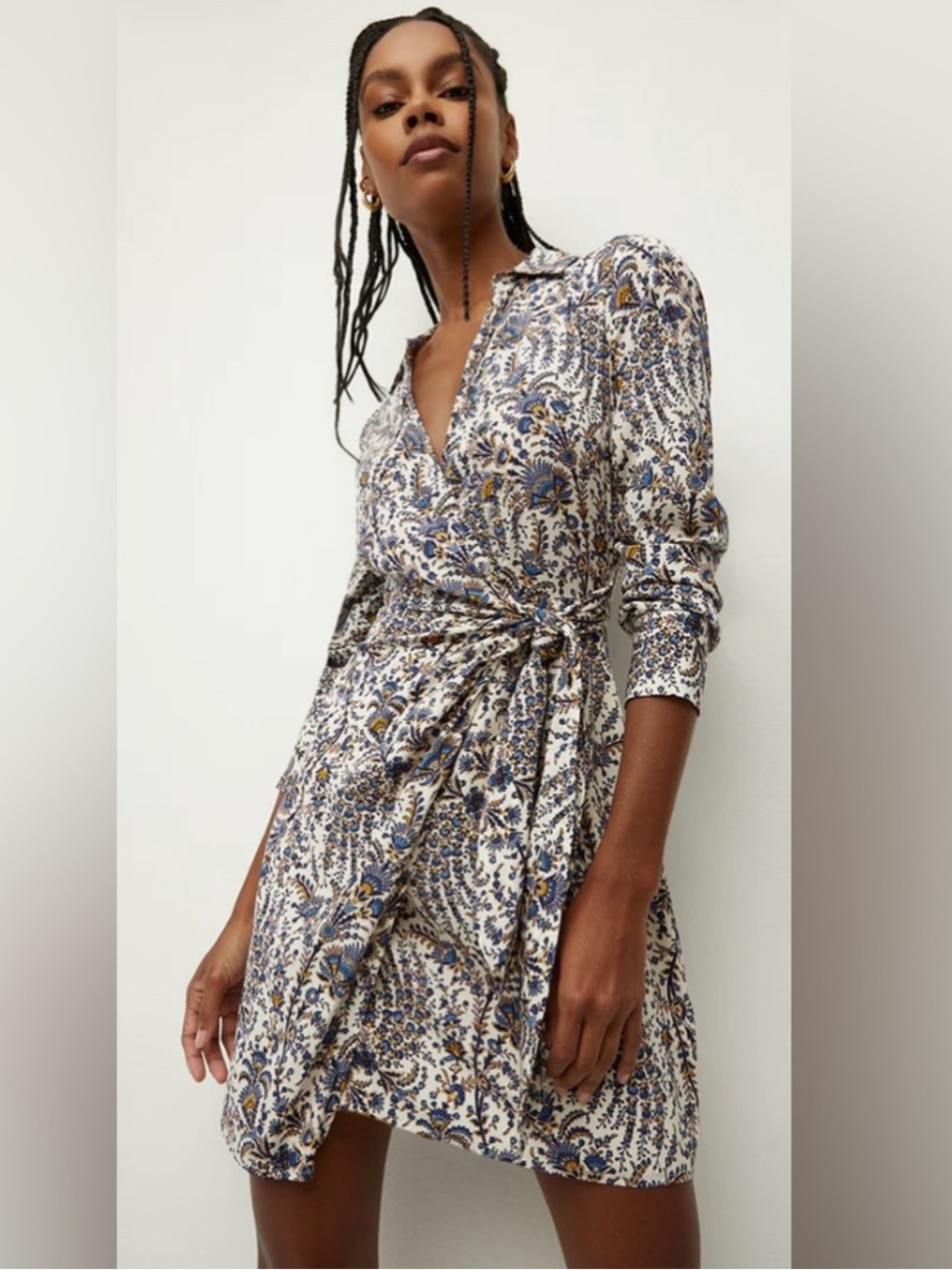 Veronica Beard Lavella Floral Silk Wrap Mini Dress Blue Ivory Long Sleeve